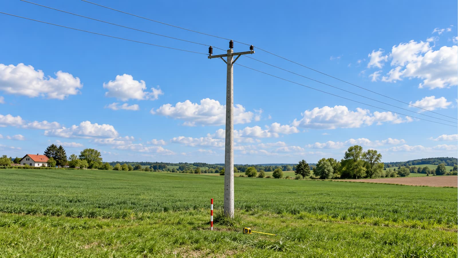 Słup energetyczny na polu z widocznym palikiem geodezyjnym przy podstawie