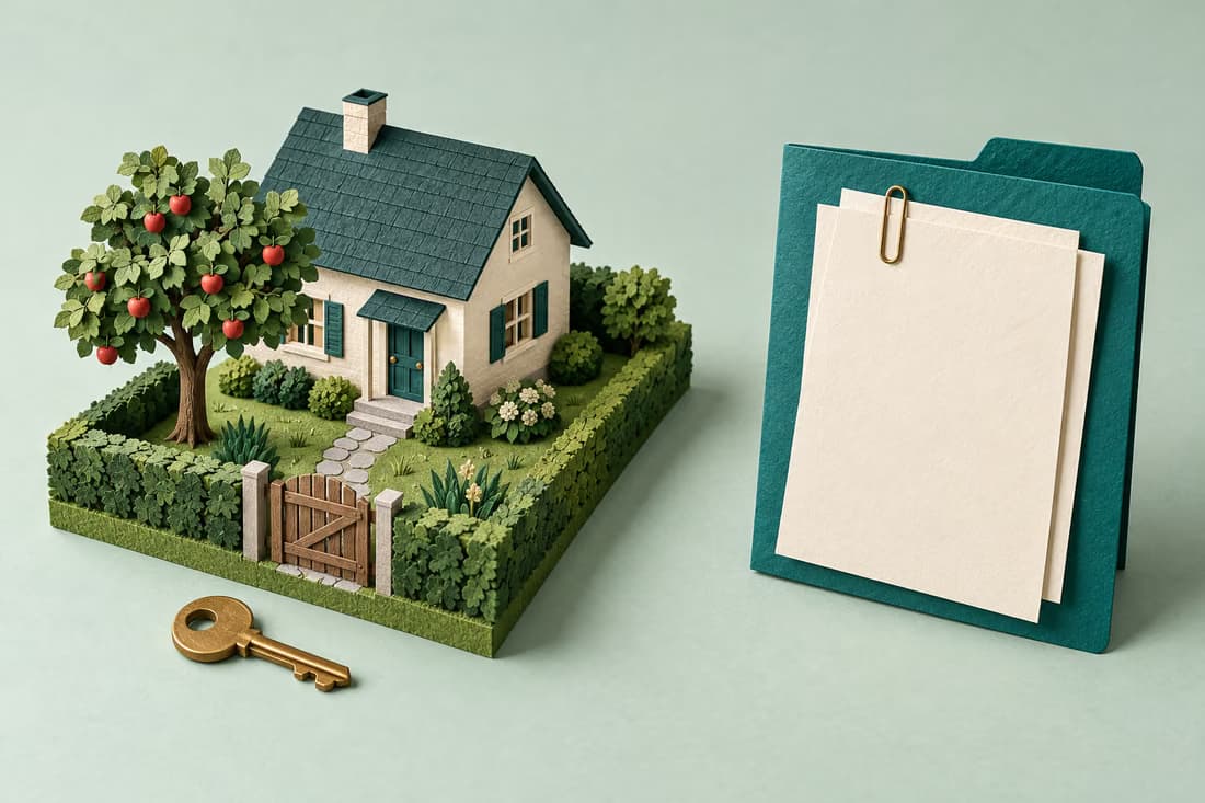 Papierowa miniatura domu z ogrodem i kluczem, obok oddzielna teczka z dokumentami