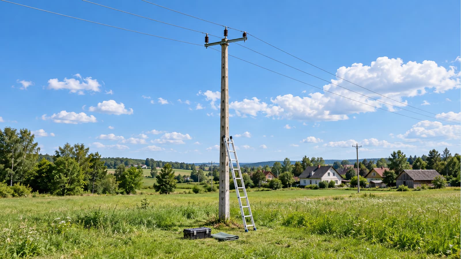 Drabina i narzędzia przy podstawie słupa energetycznego w polu