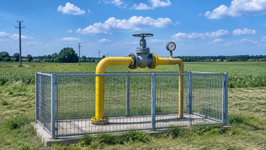 Żółta rura gazowa wyprowadzona nad ziemię na betonowym cokole za siatką, z zaworem i manometrem, pośrodku pola
