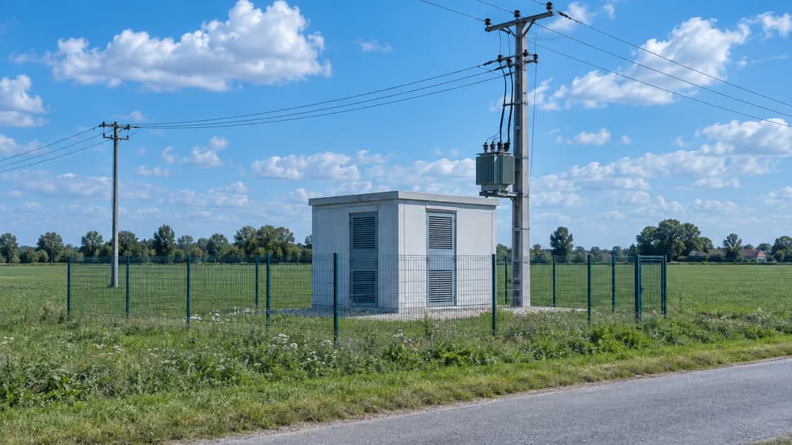 Prefabrykowana stacja transformatorowa sfotografowana z odległości: betonowa obudowa przy siatce i drodze polnej, cała widoczna w kadrze