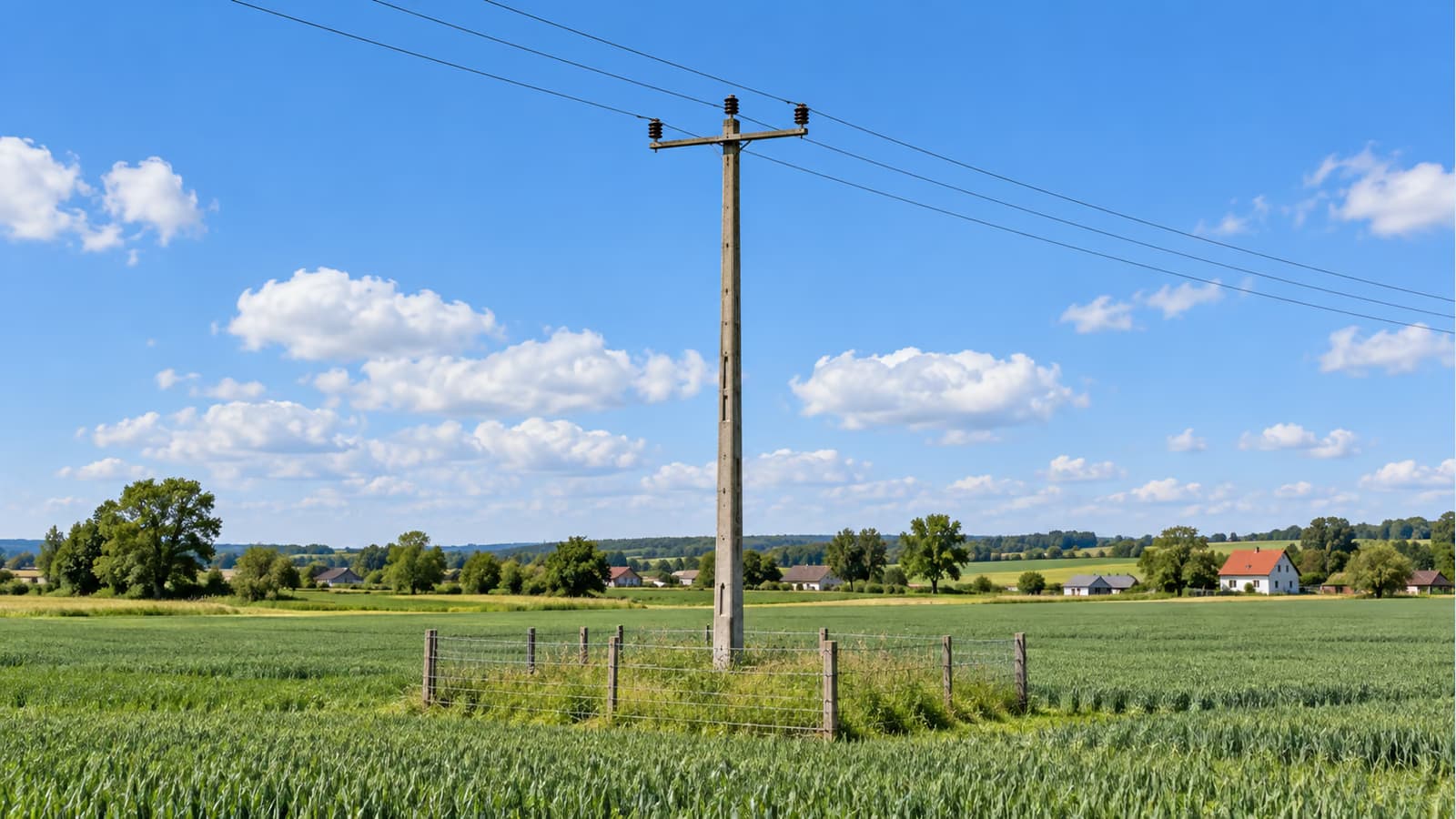 Słup energetyczny na wydzielonym, ogrodzonym pasie gruntu w polu
