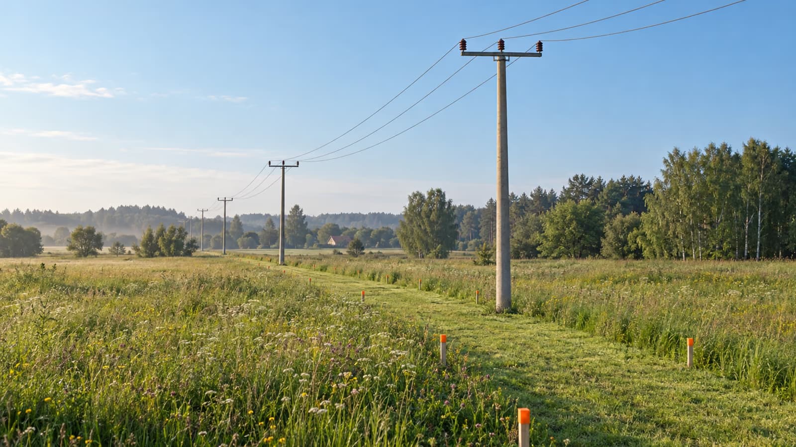 Łąka z linią na betonowych słupach. Pod przewodami biegnie pas skoszonej trawy, którego brzegi wyznaczają drewniane paliki z pomarańczowymi czubkami; w tle las i dach domu.