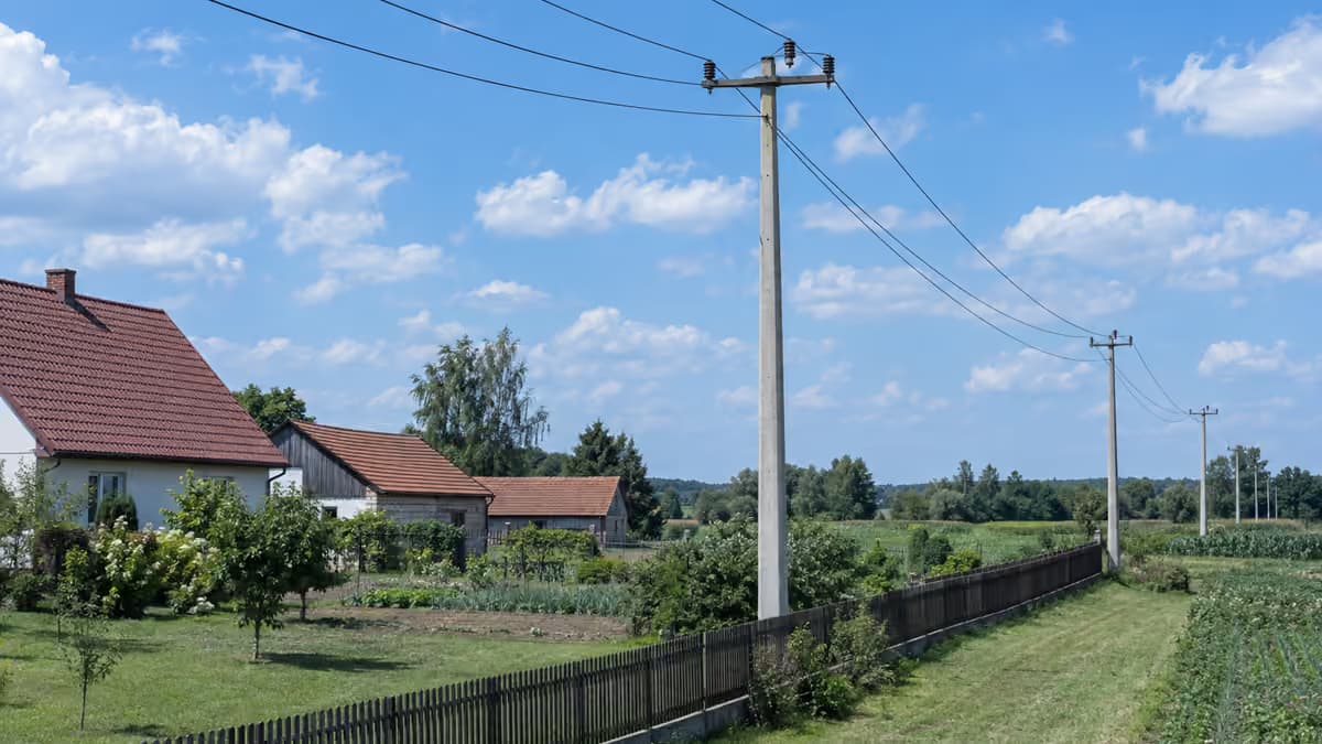 Trzy drewniane słupy energetyczne z linią biegnącą nad skoszonym polem, za drewnianym płotem zabudowania gospodarskie i dom