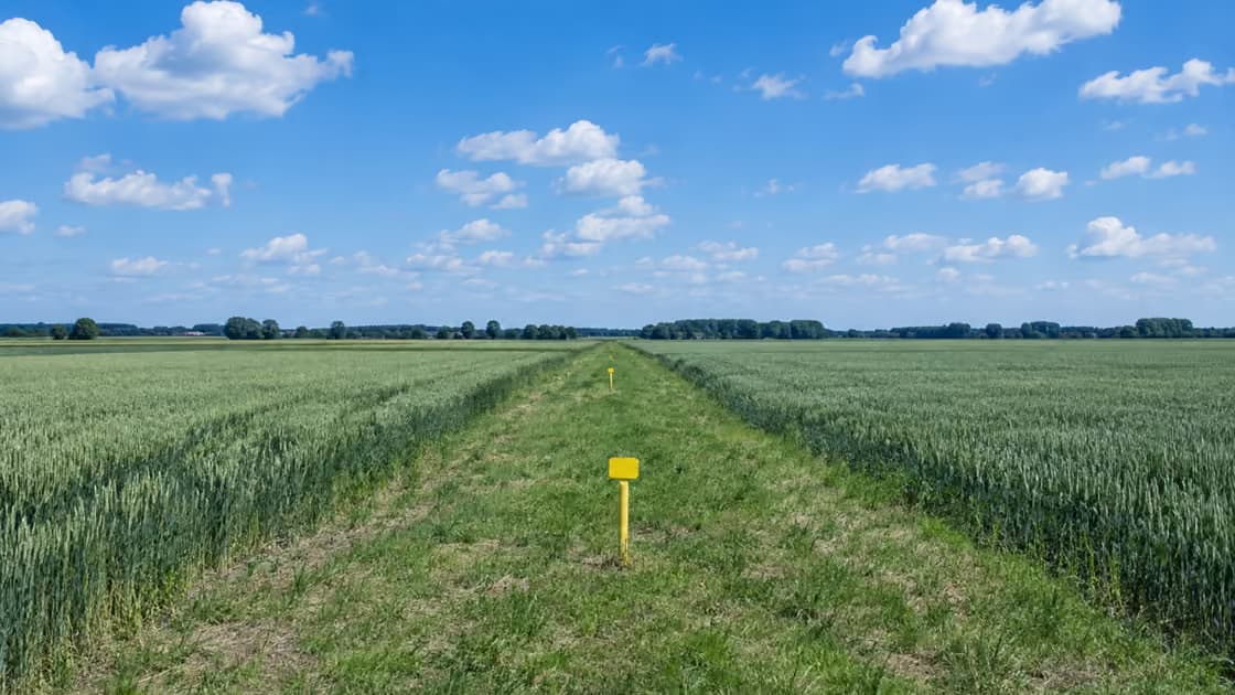 Żółte słupki oznacznikowe ustawione w jednej linii przez pole, aż po horyzont