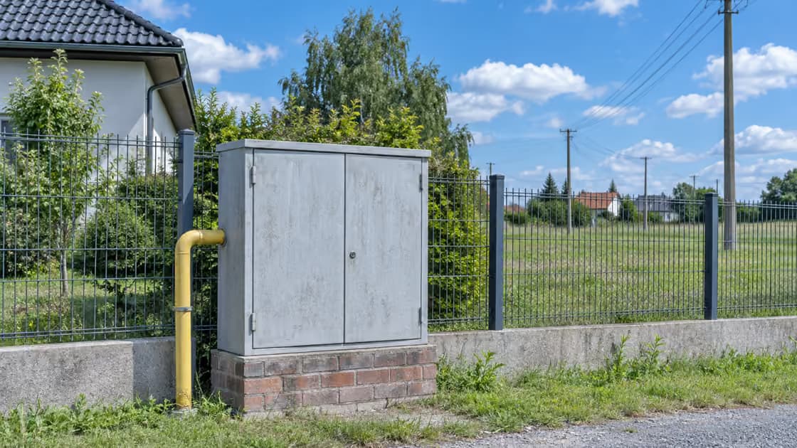 Szafka gazowa z zamkniętymi drzwiczkami w linii ogrodzenia, obok żółta rura wychodząca z ziemi