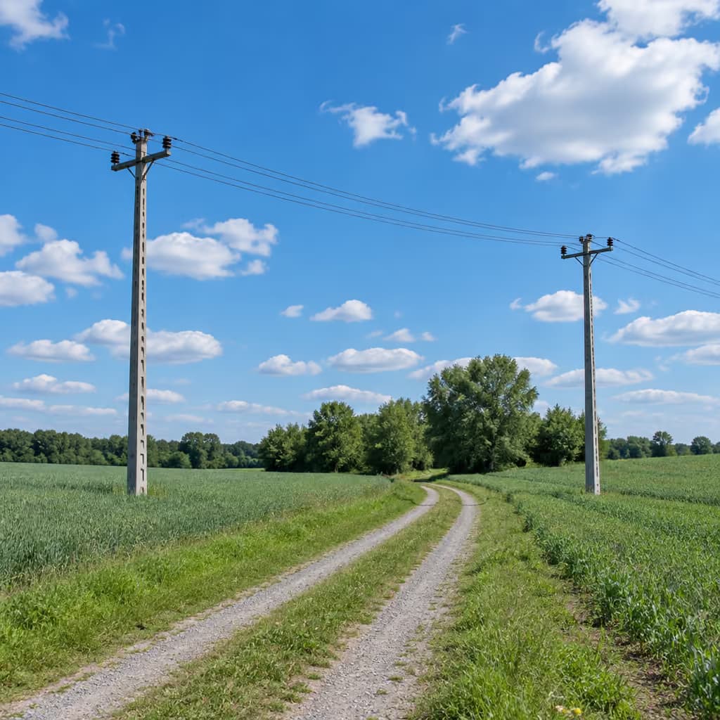 Dwa słupy energetyczne z linią biegnącą nad polem przy polnej drodze