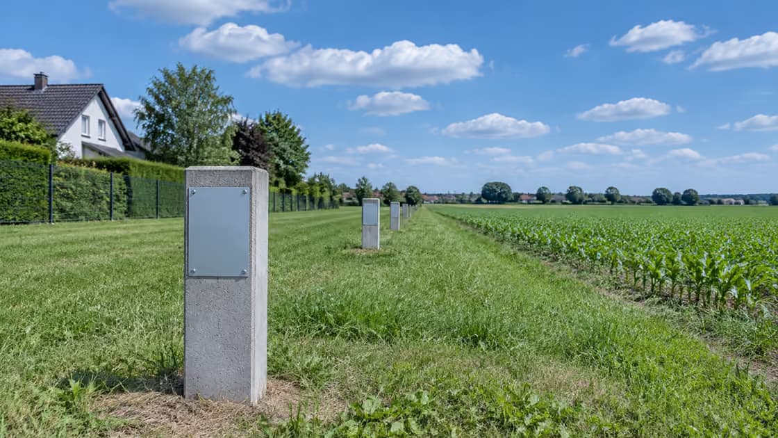 Betonowy słupek oznacznikowy z pustą tabliczką na skraju działki, dalsze słupki w jednej linii przez pole