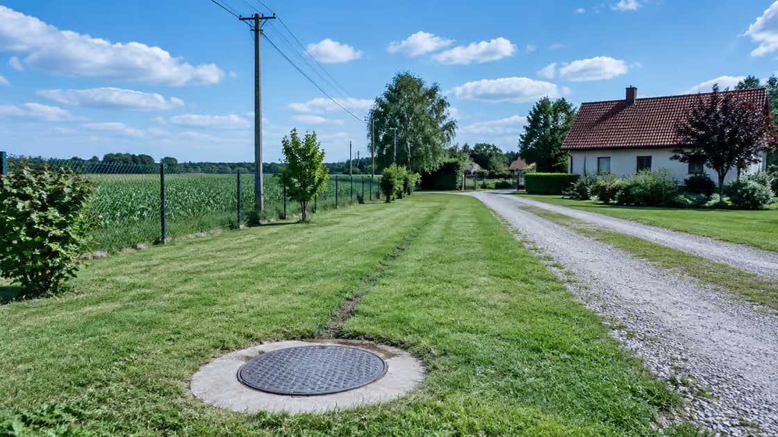 Okrągły metalowy właz studzienki kablowej w trawie przy polnej drodze, obok ślad zasypanego wykopu