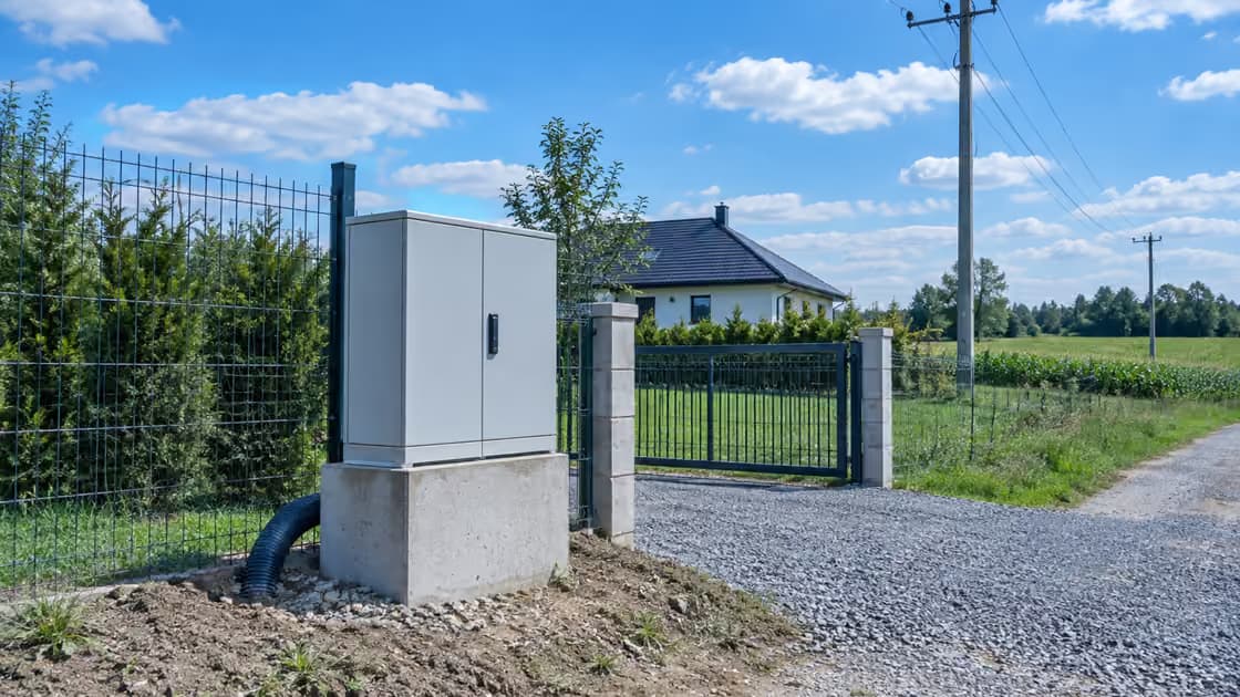 Szafka złącza kablowego na cokole przy siatce ogrodzenia, z rurą osłonową wchodzącą w ziemię