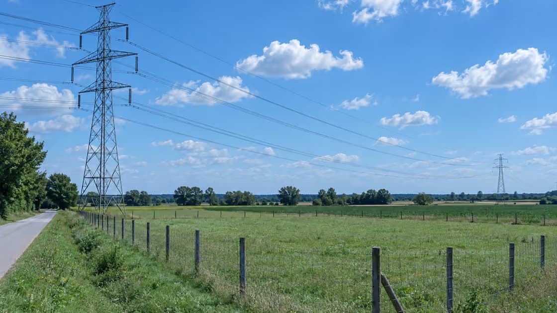 Przewody linii wysokiego napięcia nad ogrodzoną, pustą łąką; słup kratowy stoi obok, przy drodze