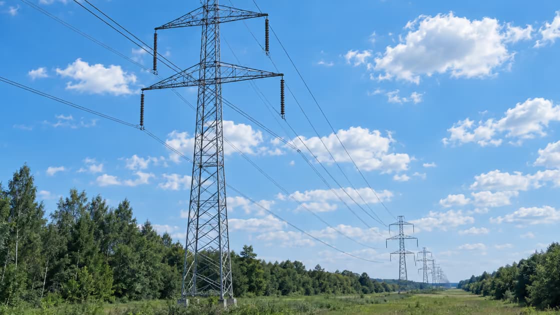 Kratowy słup wysokiego napięcia z łańcuchami izolatorów, pod linią pas wycinki