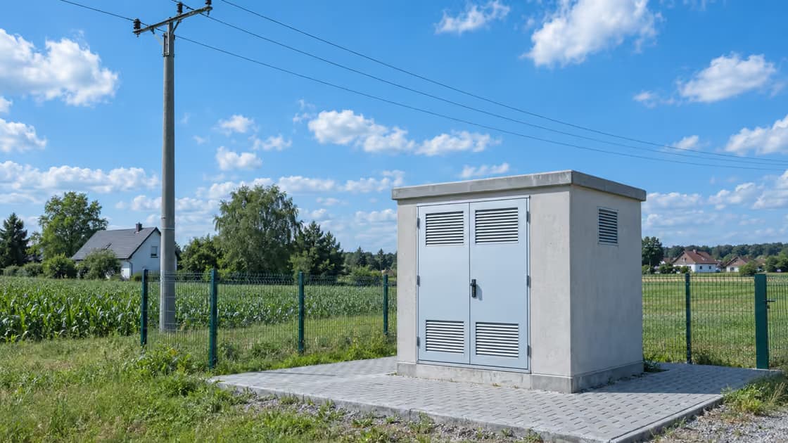Prefabrykowana stacja transformatorowa - betonowy domek z metalowymi drzwiami i kratkami wentylacyjnymi w rogu działki przy drodze