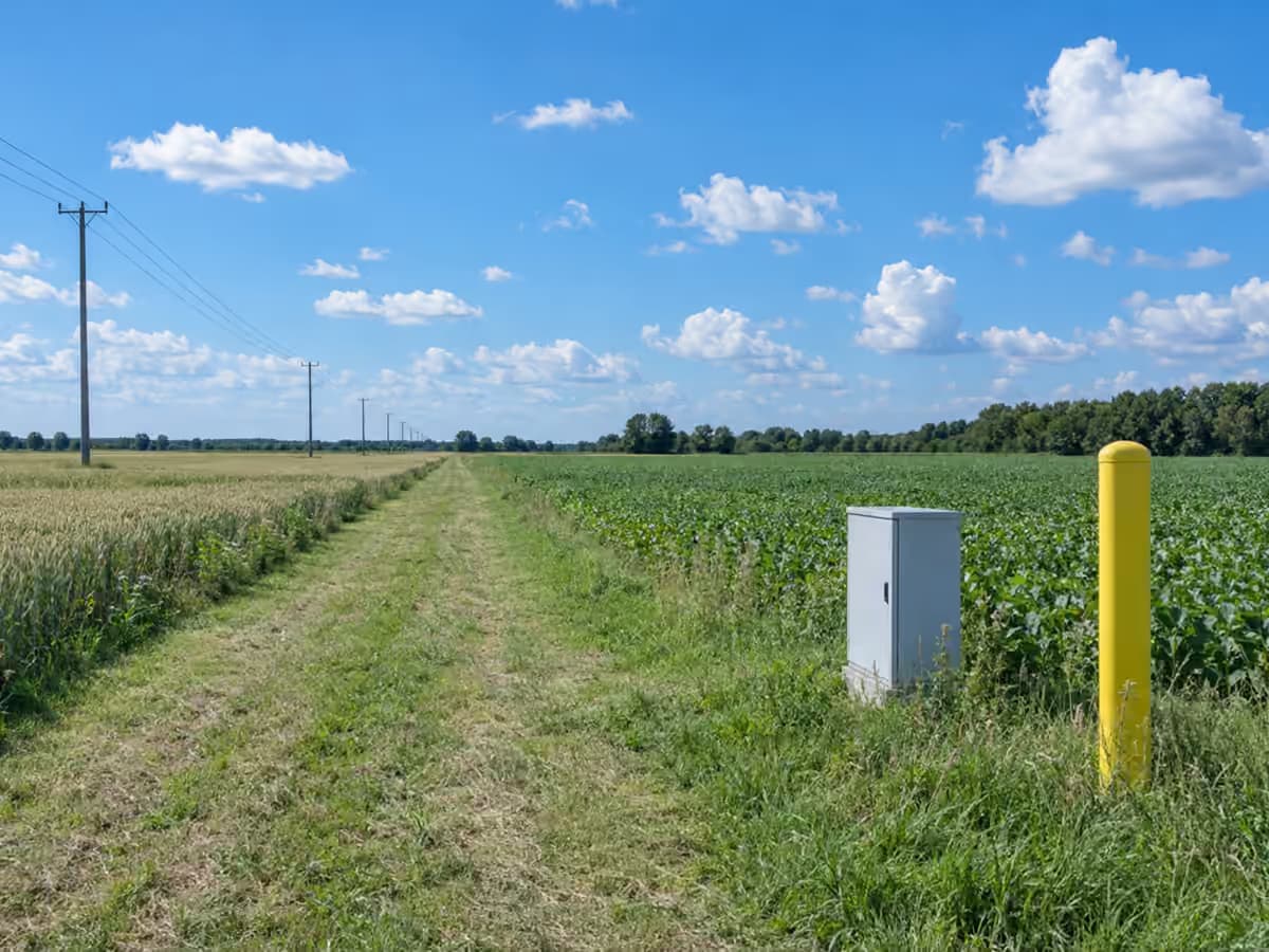 Żółty słupek oznacznikowy gazociągu z tabliczką na skraju działki