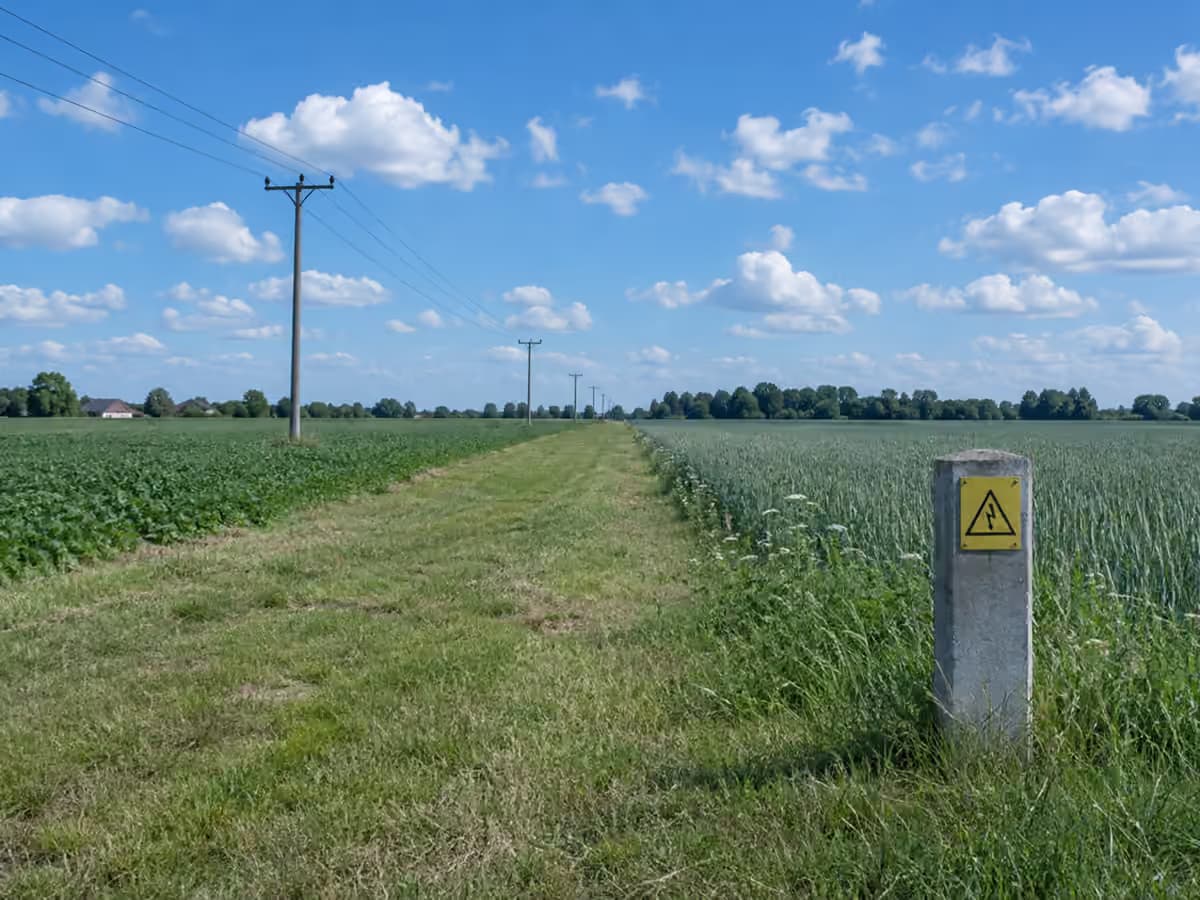 Betonowy słupek oznacznikowy kabla energetycznego na skraju pola