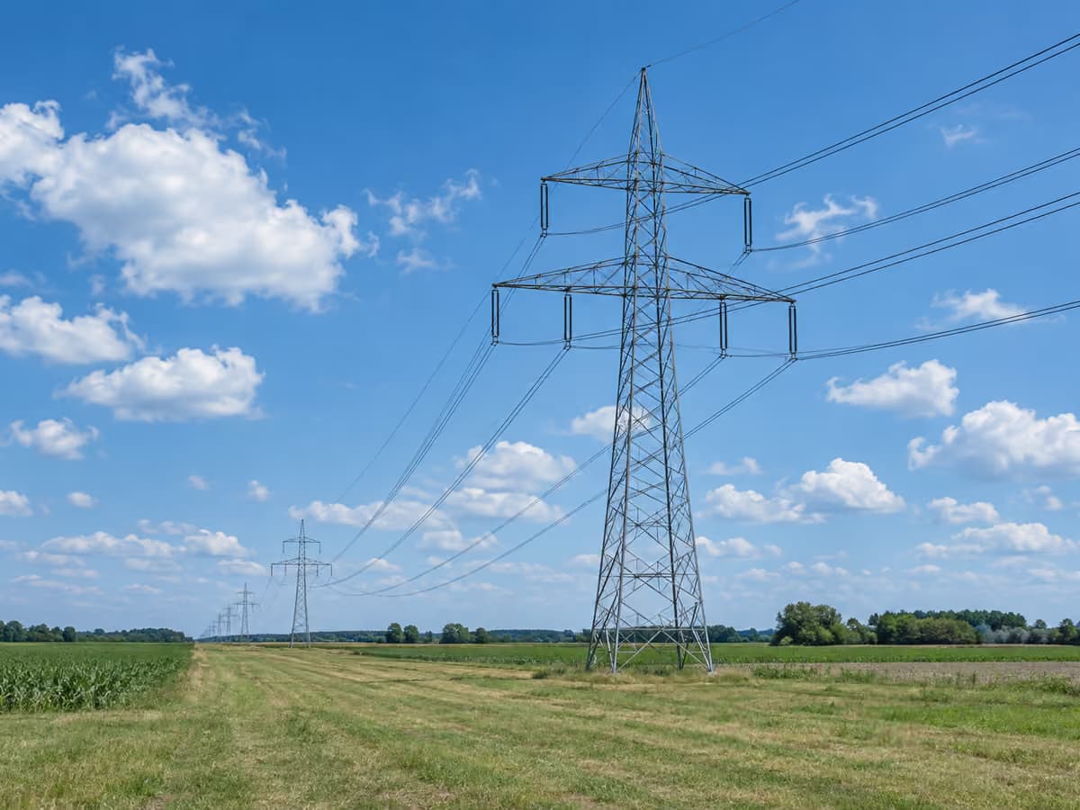 Kratowy słup linii wysokiego napięcia nad polem uprawnym